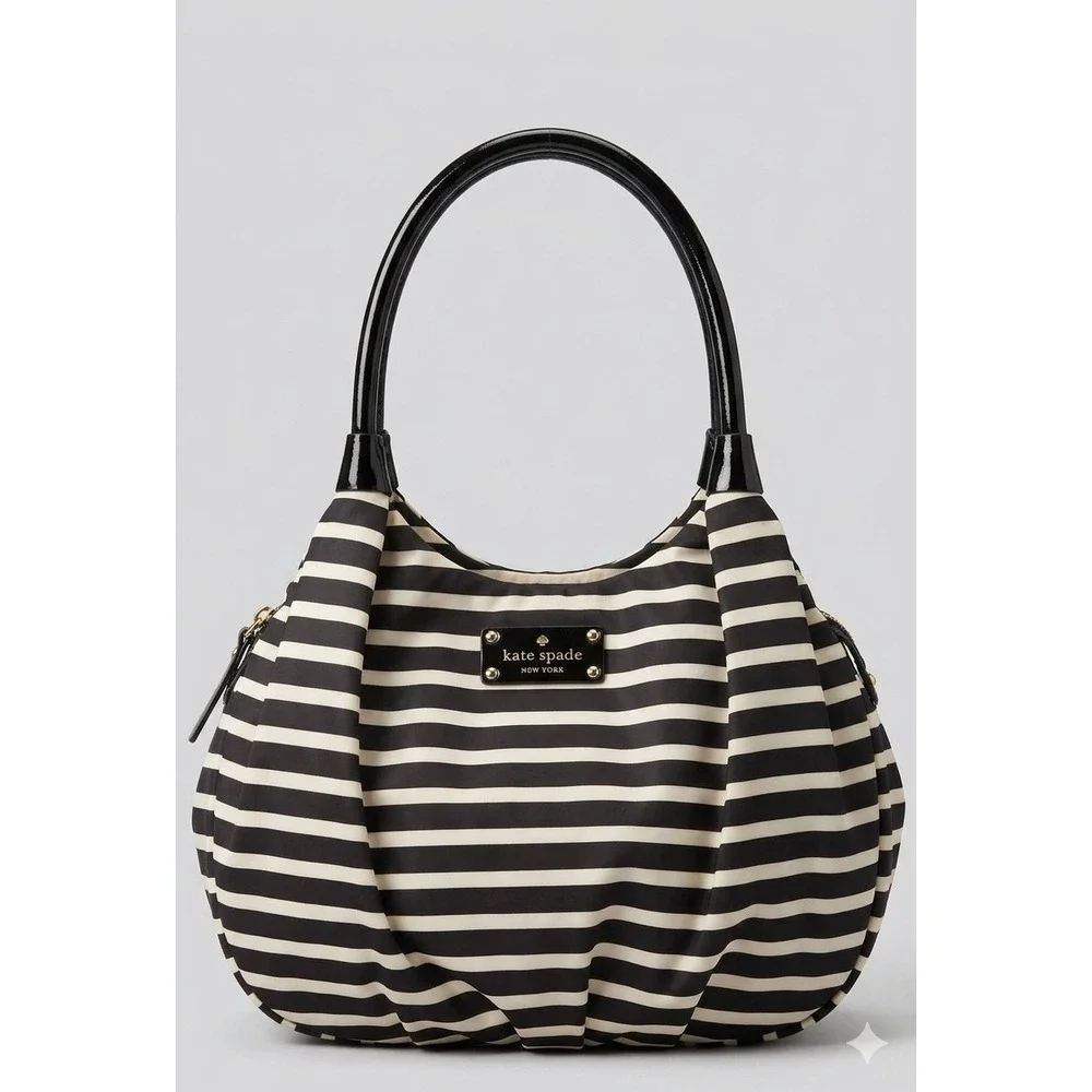 Kate Spade New York Striped Nylon Hobo Bag Navy Blue Cream Patent Trim PXRU2482